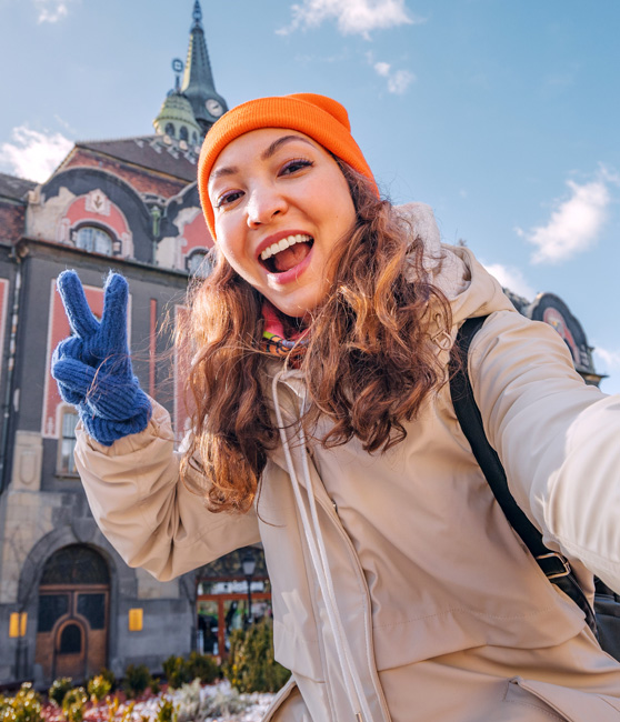 Woman Selfie Peace Sign Winter hat